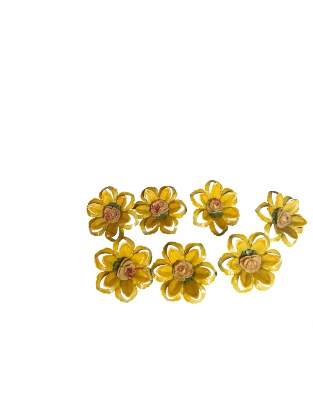 Lot of 7 1950s/60s Multi-Layered, Die-Cut Metal Petals w/Center Plastic Rosebud